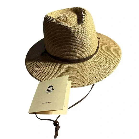 Wide Brim Straw Fedora Sun Hat with Wind Lanyard UPF 80+ FURTALK Womens Summer Straw Sun Hats Wide Brim Panama Fedora  main image 2